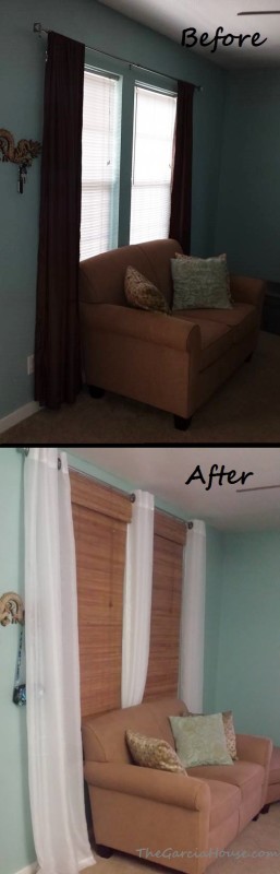 How to hang curtains. before and after hanging sheer panels and bamboo blinds